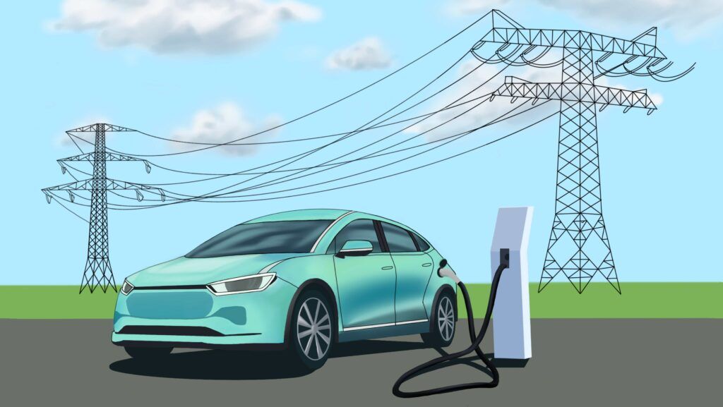 EV charging, with power lines in background