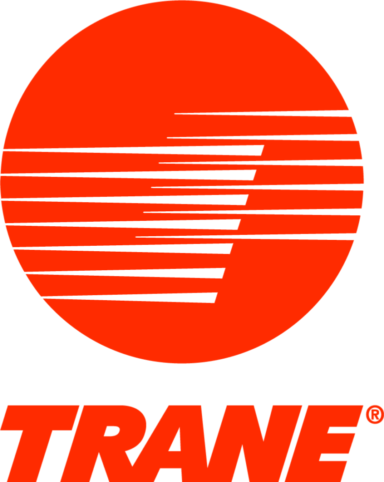 Trane logo - orange-red ball with horizontal white lines above TRANE